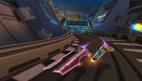 Screenshot of a race in Wipeout: Pulse video game.Wipeout: Pulse gameplay screenshot showing futuristic racing vehicles.