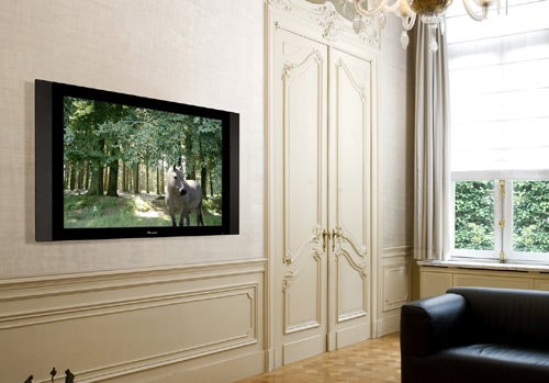 Pioneer KURO Plasma TV displaying nature scene in elegant room.