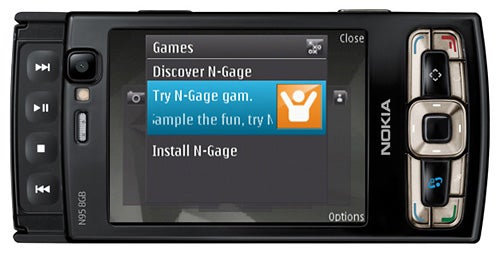 Nokia N95 8GB smartphone displaying the N-Gage gaming platform.Nokia N95 8GB smartphone displaying N-Gage gaming platform.