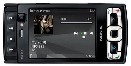 Nokia N95 8GB phone showing the music player screen.Nokia N95 8GB smartphone displaying multimedia screen.