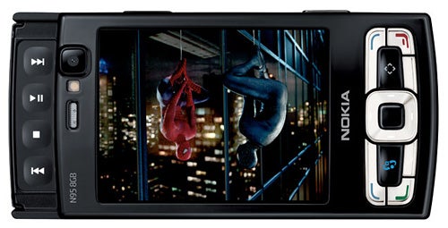 Nokia N95 8GB phone displaying Spider-Man movie.Nokia N95 8GB smartphone displaying Spider-Man movie scene.