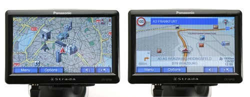 Panasonic Strada CN-GP50N Sat-Nav showing map and directions.