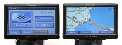 Panasonic Strada CN-GP50N GPS with menu and map screens.