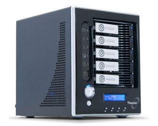 Thecus N5200PRO RouStor NAS with five hard drive bays.