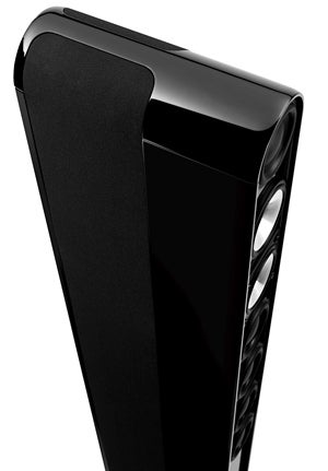 Close-up of a KEF KIT160 speaker's sleek design.Close-up of a KEF KIT160 speaker's sleek black design.