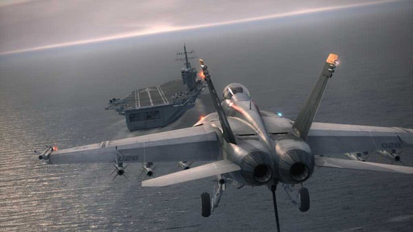 Screenshot from Ace Combat 6 showing jet and aircraft carrier.Fighter jet from Ace Combat 6 flying near an aircraft carrier.