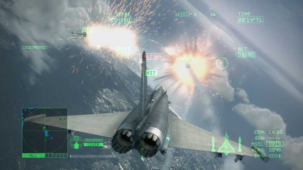Screenshot from Ace Combat 6 with jet firing missiles.Ace Combat 6 gameplay showing jet firing missiles with HUD.
