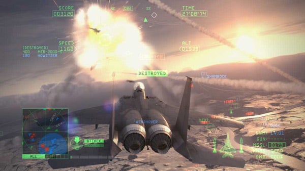 Screenshot of Ace Combat 6 gameplay showing jet and explosion.