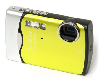 Yellow Olympus mju 790 SW camera on white background.