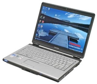 Toshiba Satellite U300-134 laptop with open lid displaying screen.