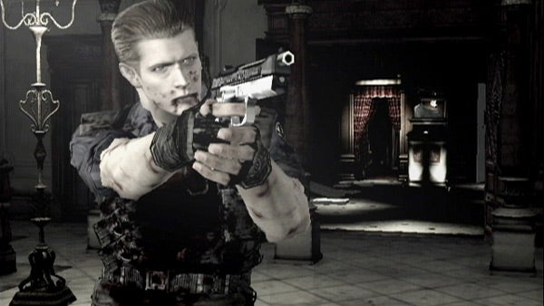 Character aiming a gun in Resident Evil: Umbrella Chronicles scene.