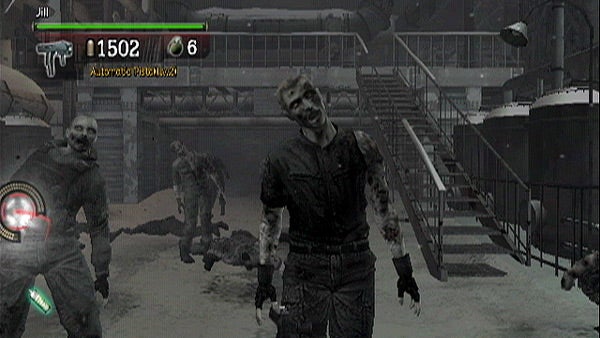 Screenshot of Resident Evil: Umbrella Chronicles gameplay with zombies.Screenshot from Resident Evil: Umbrella Chronicles gameplay.