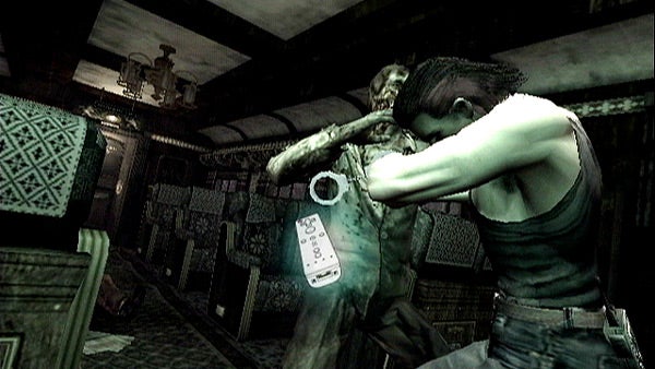 Resident Evil: Umbrella Chronicles gameplay screenshot.Resident Evil: Umbrella Chronicles gameplay featuring zombie combat.