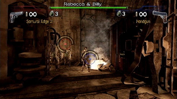 Resident Evil: Umbrella Chronicles gameplay screenshot with two characters.Screenshot from Resident Evil: Umbrella Chronicles gameplay.