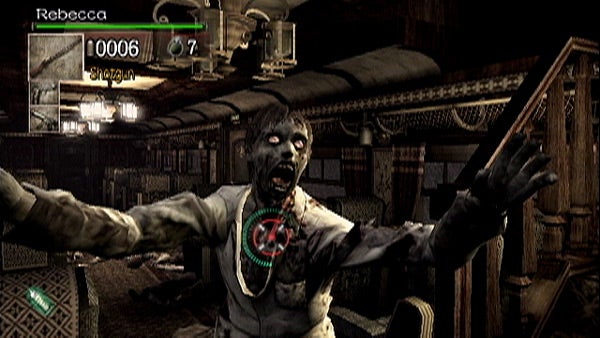 Resident Evil: Umbrella Chronicles gameplay with zombie.Screenshot of Resident Evil: Umbrella Chronicles gameplay with zombie.