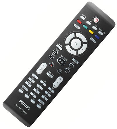 Philips DVD recorder remote control with numerous buttons.Philips DVD recorder remote control with buttons and logo.