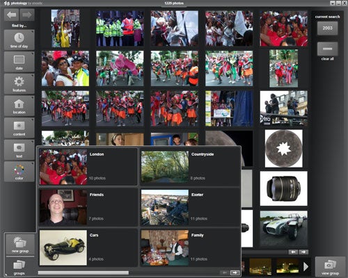 Screenshot of Photology photo management software interface.Photology photo management software interface with image search results.