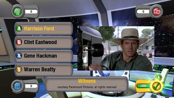 Scene It? Lights, Camera, Action game screenshot with movie trivia question.Scene It? game screenshot with multiple-choice actor question.