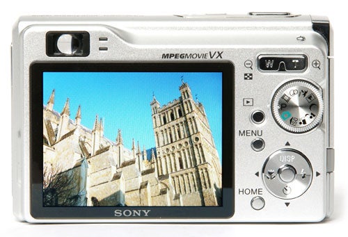 Sony Cyber-shot DSC-W80 camera displaying a cathedral photo.
