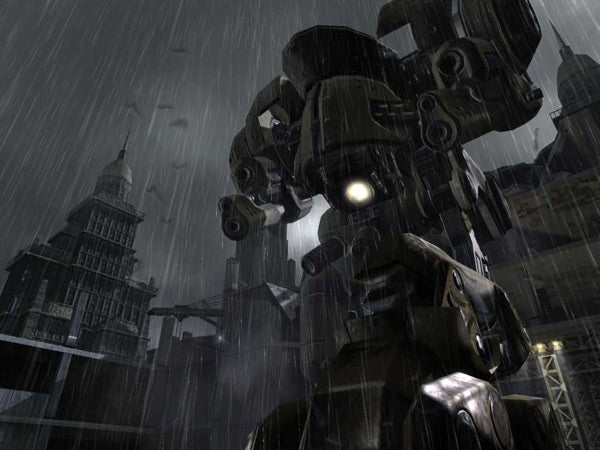 Screenshot of TimeShift video game showing mech in rainy cityscape.