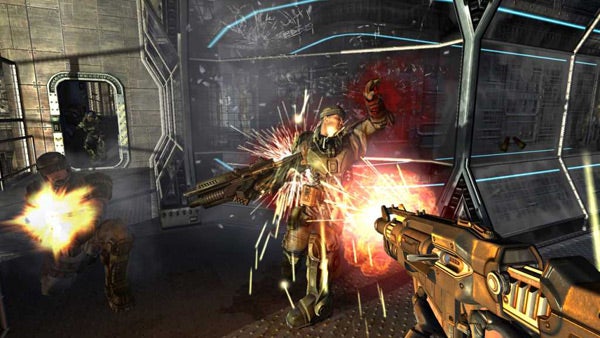 Screenshot of gameplay from TimeShift, showing character in combat.