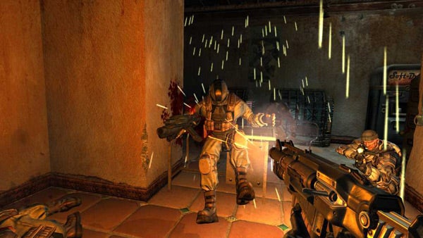 Gameplay screenshot from TimeShift showing combat with time manipulation.