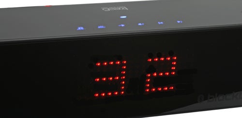 Gear4 BlackBox Bluetooth speaker displaying time Gear4 BlackBox Bluetooth speaker displaying LED clock.
