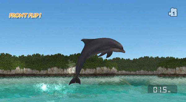 Dolphin performing a front flip in the game Endless Ocean.Dolphin performing a front flip in Endless Ocean game.