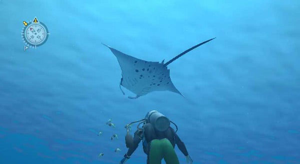 Screenshot of Endless Ocean game with diver and manta ray.Screenshot of Endless Ocean gameplay featuring a manta ray and diver.