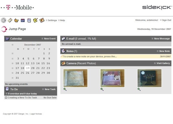 Screenshot of T-Mobile Sidekick Slide interface with calendar and notes.Screenshot of T-Mobile Sidekick Slide user interface.
