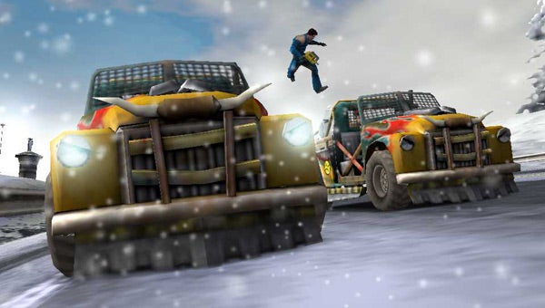 Screenshot of Pursuit Force: Extreme Justice with character jumping between vehicles.Screenshot of Jumping Between Vehicles in Pursuit Force: Extreme Justice
