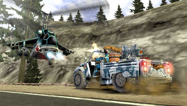 Screenshot of Pursuit Force: Extreme Justice gameplay with vehicles.Screenshot from Pursuit Force: Extreme Justice video game showing action scene.