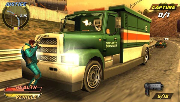 In-game action from Pursuit Force: Extreme Justice on PSP.Screenshot of gameplay from Pursuit Force: Extreme Justice game.
