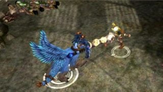 Screenshot of gameplay from Arkadian Warriors featuring a blue griffin and warriors.