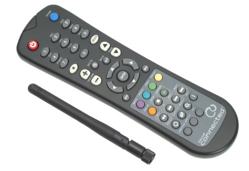D-Link DSM-330 remote control with wireless antenna attached.D-Link DSM-330 streaming media player remote control with antenna.
