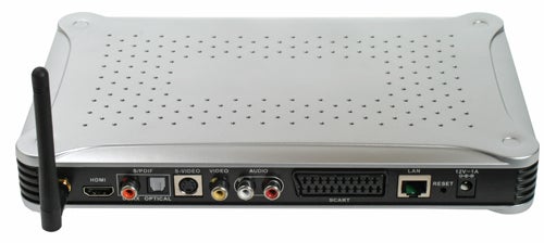 D-Link DSM-330 streaming media player rear view with ports.D-Link DSM-330 streaming media player rear connectors.