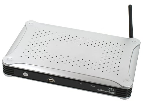 D-Link DSM-330 media player on a white background.D-Link DSM-330 streaming media player on a white background.