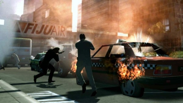 Screenshot of Kane & Lynch: Dead Men gameplay with explosion.Screenshot from Kane & Lynch: Dead Men game with gunfire and explosion.
