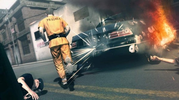 In-game action scene from Kane & Lynch: Dead Men video game.In-game action scene with car explosion and characters from Kane & Lynch.
