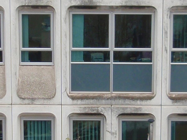 Facade of a building with multiple windows, overcast lighting.Image of a building facade with multiple window frames.
