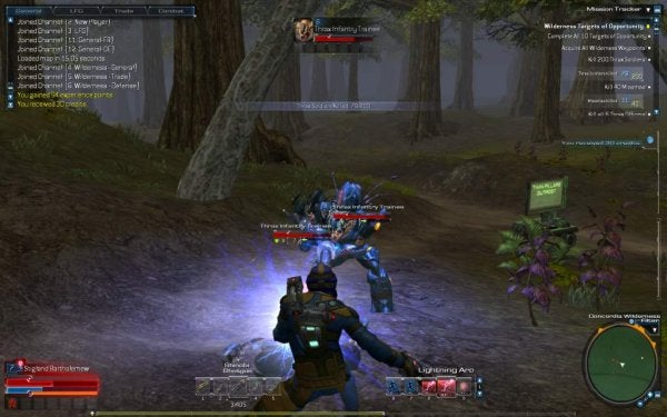 Screenshot of Tabula Rasa game showing a player in combat.Screenshot of gameplay from Tabula Rasa video game.