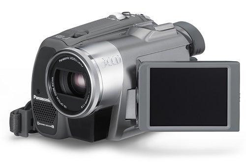 Panasonic NV-GS230 camcorder with flip-out LCD screen.Panasonic NV-GS230 camcorder with LCD screen open.