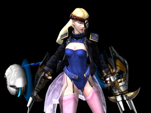 Character from Omega Five video game posing with weapons.Animated female character from the video game Omega Five.