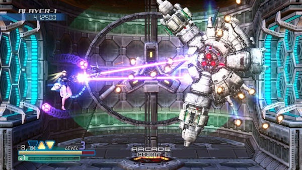 Screenshot of Omega Five gameplay with character attacking a boss.Omega Five video game screenshot showing gameplay action.