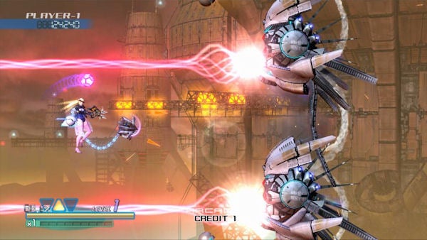 Screenshot of gameplay from Omega Five showing a character firing at enemies.Screenshot of Omega Five gameplay showing character attacking enemy.