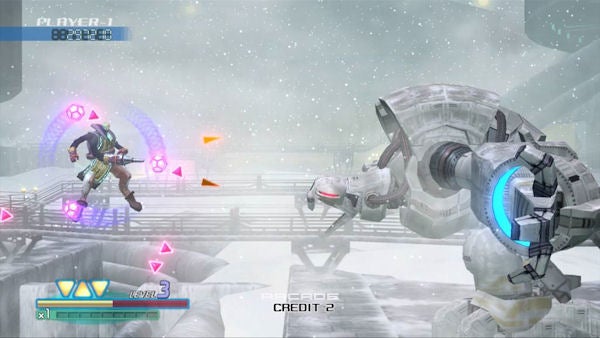 Omega Five game screenshot showing character and enemy in combat.Screenshot of gameplay from Omega Five with character and enemy.