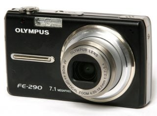 Olympus FE-290 digital camera on white background.