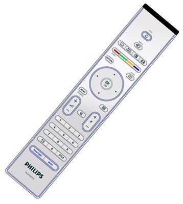 Philips TV remote control on a white background.Philips LCD TV remote control with buttons and logo.