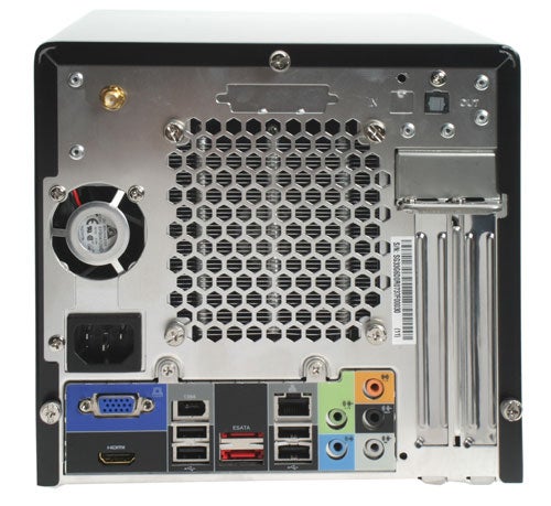 Shuttle XPC Glamor SG33G6 Deluxe rear I/O ports and connectors.Rear view of Shuttle XPC Glamor SG33G6 Deluxe showing ports and fan.