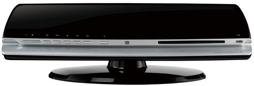 Samsung HT-X200 2.1 DVD system front view on a stand.Samsung HT-X200 2.1 DVD system with sleek black design